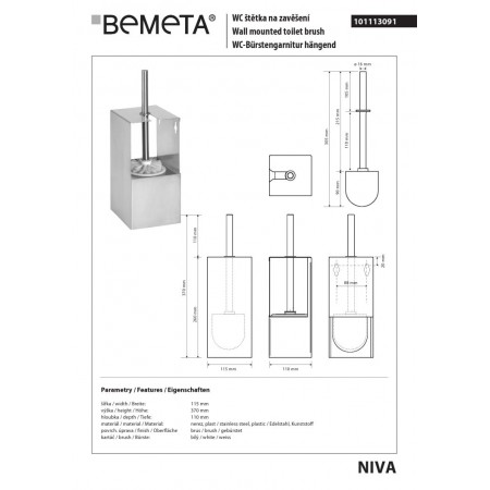 Bemeta NIVA Szczotka wc Wisząca Stal Szczotkowana 101113091