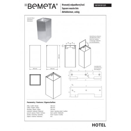 Bemeta Kosz na śmieci kwadratowy 45L - wiszący połysk 101915121$K