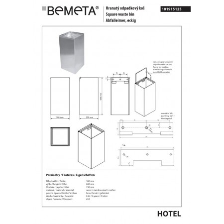 Bemeta Kosz na śmieci kwadratowy 45L - wiszący matowy 101915125$K