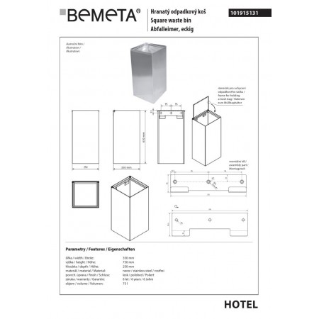 Bemeta Kosz na śmieci kwadratowy 75L - wiszący połysk 101915131$K