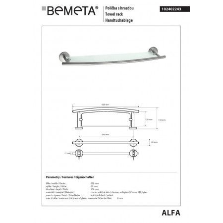 Bemeta ALFA Półka szklana z relingiem 102402243$K