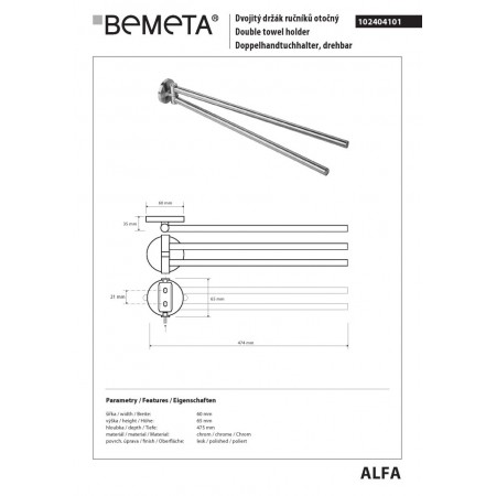 Bemeta ALFA Podwójny obrotowy wieszak na ręczniki 102404101