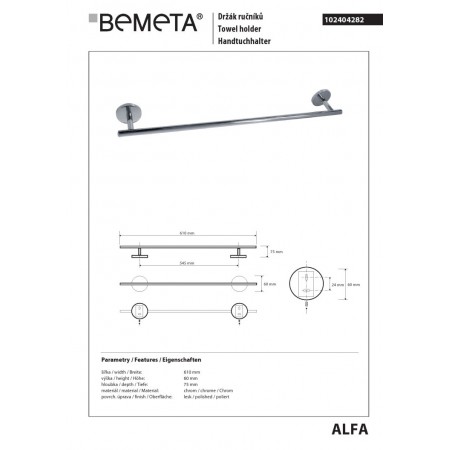 Bemeta ALFA Wieszak na ręczniki 550 mm - prosty 102404282$K