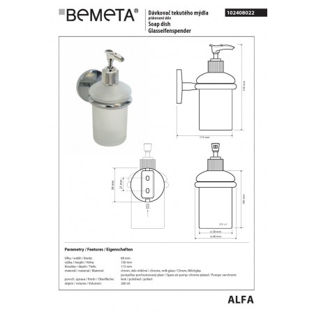 Bemeta ALFA Dozownik mydła 200 ml 102408022