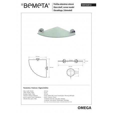 Bemeta OMEGA Półka szklana narożna 104102012