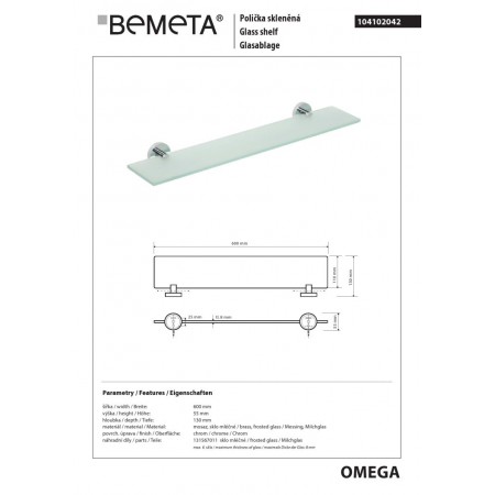 Bemeta OMEGA Półka szklana 600 mm 104102042$K