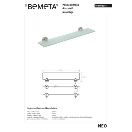 Bemeta NEO Półka szklana 600 mm 104102045$K