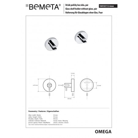 Bemeta OMEGA uchwyt na półkę bez szyby 6mm (para) 104102112-6mm