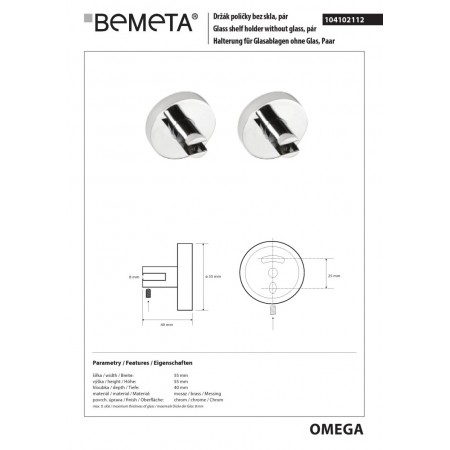 Bemeta OMEGA uchwyt na półkę bez szyby 8mm (para) 104102112-8mm