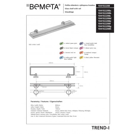 Bemeta TREND-I Półka szklana ze składanym relingiem różowa 104102208f$K