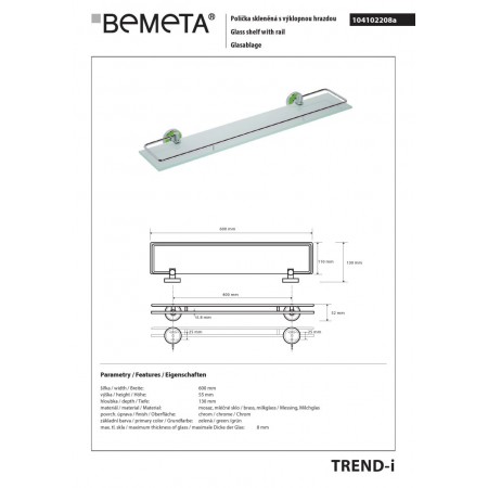 Bemeta TREND-I Półka szklana ze składanym relingiem zielona 104102208a$K