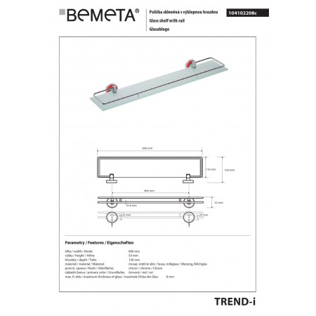 Bemeta TREND-I Półka szklana ze składanym relingiem czerwona 104102208c$K