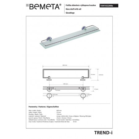 Bemeta TREND-I Półka szklana ze składanym drążkiem ciemnoniebieska 104102208e$K