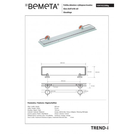 Bemeta TREND-I Półka szklana ze składanym relingiem pomarańczowa 104102208g$K