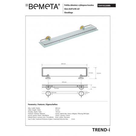 Bemeta TREND-I Półka szklana ze składanym drążkiem żółta 104102208h