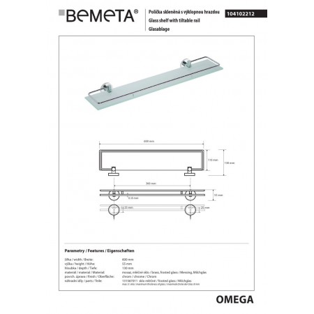 Bemeta OMEGA Półka szklana z uchylnym relingiem 600 mm 104102212$K