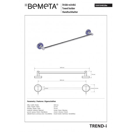 Bemeta TREND-I Wieszak na ręczniki 450 mm ciemnoniebieski 104104028e