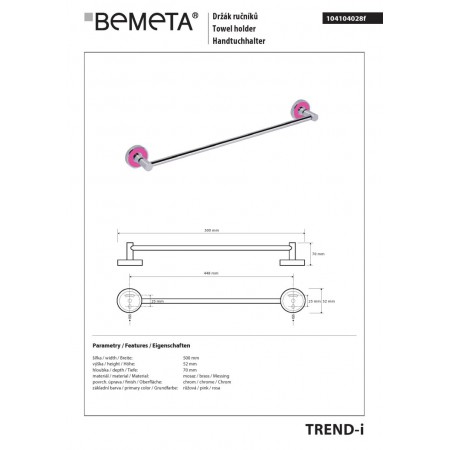 Bemeta TREND-I Wieszak na ręczniki 450 mm różowy 104104028f