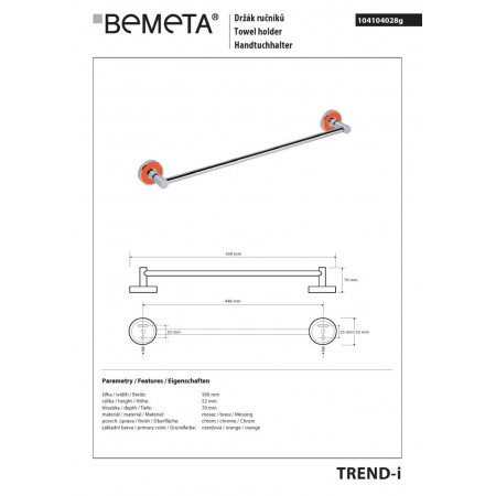 Bemeta TREND-I Wieszak na ręczniki 450 mm pomarańczowy 104104028g