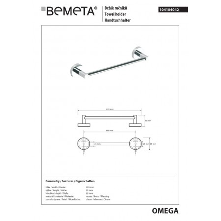 Bemeta OMEGA wieszak na ręczniki 600 mm 104104042$K