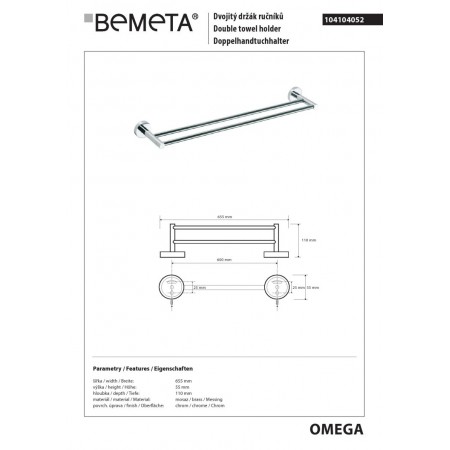 Bemeta OMEGA Wieszak na ręczniki Double Economy 600 mm 104104052$K