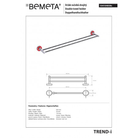 Bemeta TREND-I podwójny wieszak na ręcznik czerwony 104104058c$K