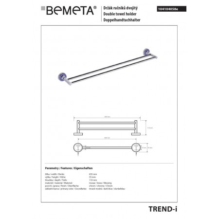 Bemeta TREND-I Podwójny wieszak na ręczniki granatowy 104104058e$K