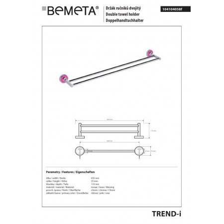 Bemeta TREND-I Podwójny wieszak na ręczniki różowy 104104058f$K