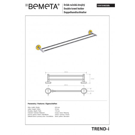 Bemeta TREND-I Podwójny wieszak na ręczniki żółty 104104058h$K