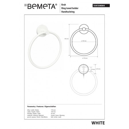 Bemeta WHITE Biały ring wieszak na ręcznik 104104064