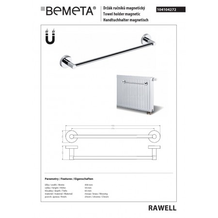 Bemeta RAWELL Wieszak na ręcznik magnetyczny 376 mm chrom 104104272