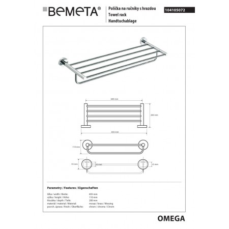 Bemeta OMEGA półka na ręcznik z relingiem 600 mm 104105072$K