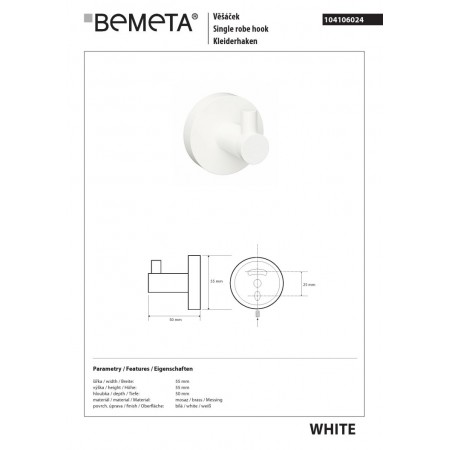 Bemeta WHITE - Wieszak pojedynczy biały 104106024