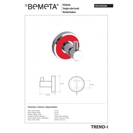 Bemeta TREND-I Wieszak pojedynczy czerwony 104106028c