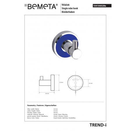 Bemeta TREND-I Wieszak pojedynczy granatowy 104106028e