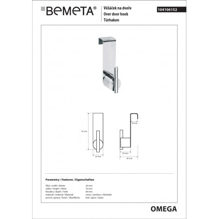 Bemeta OMEGA Wieszak na drzwiczki szafki 18 mm 104106152