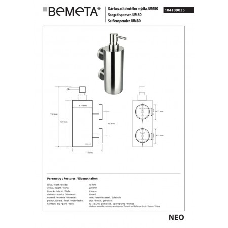 Bemeta NEO Dozownik mydła 550 ml 104109035