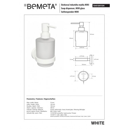 Bemeta WHITE Dozownik mydła 200 ml 104109104