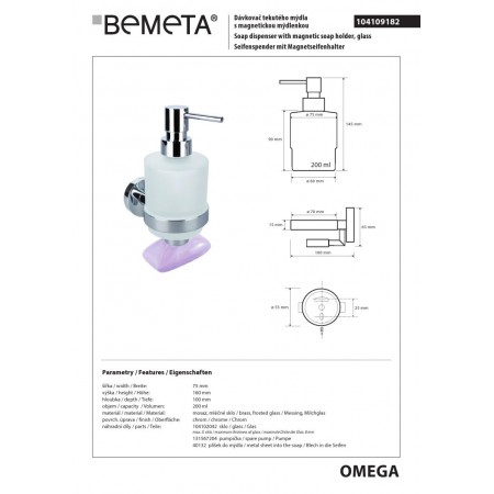 Bemeta OMEGA Dozownik mydła 200 ml z magnetyczną mydelniczką 104109182