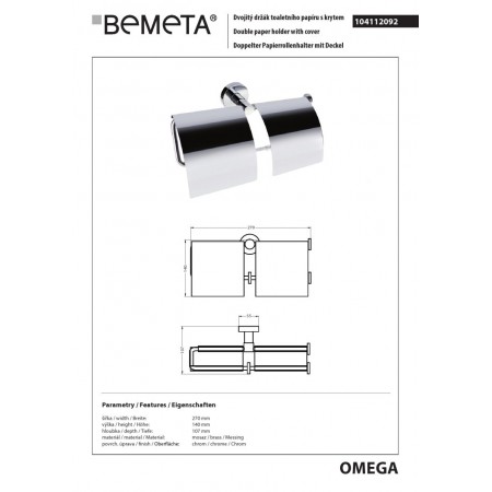 Bemeta OMEGA podwójny uchwyt na papier toaletowy z klapką 104112092