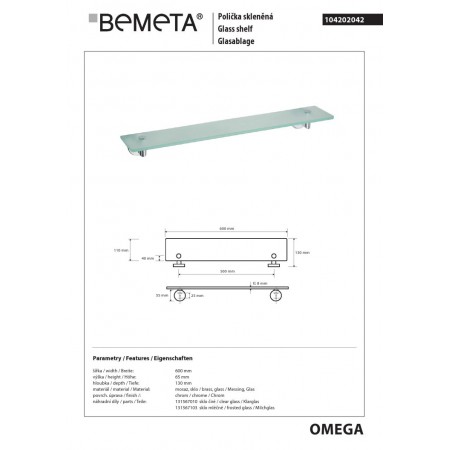 Bemeta OMEGA Półka szklana 600 mm 104202042$K