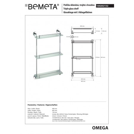 Bemeta OMEGA Półka szklana potrójna 400 mm 104202132$K