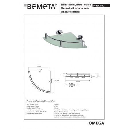 Bemeta OMEGA Półka szklana narożna z relingiem 104202162