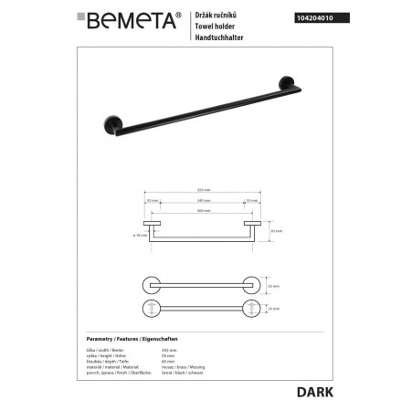 Bemeta DARK Wieszak na ręcznik 300 mm 104204010