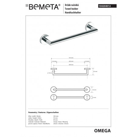 Bemeta OMEGA Wieszak na ręcznik 300 mm 104204012