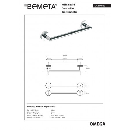 Bemeta OMEGA Wieszak na ręcznik 450 mm 104204022