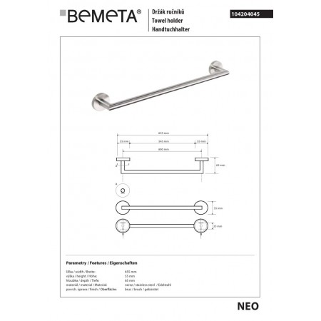 Bemeta NEO Wieszak na ręcznik 600 mm 104204045$K