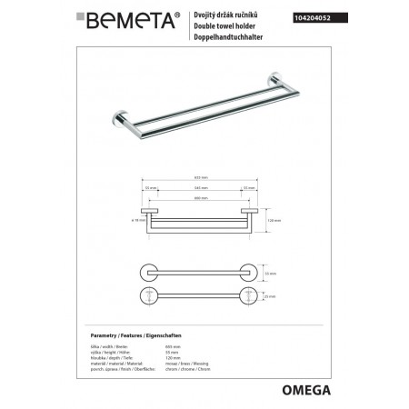 Bemeta OMEGA Podwójny wieszak na ręczniki 600 mm 104204052$K