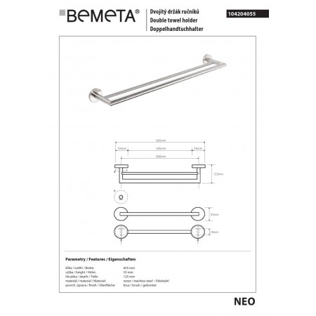 Bemeta NEO Podwójny wieszak na ręczniki 600 mm 104204055$K