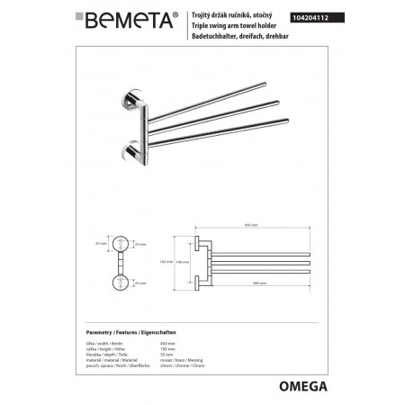 Bemeta OMEGA Wieszak na ręcznik z potrójnym obrotem 104204112